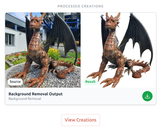 Stil-Labor hat die Verarbeitungskarte mit einem Drachen-Quellenfoto und dem Ergebnis der Hintergrundentfernung abgeschlossen