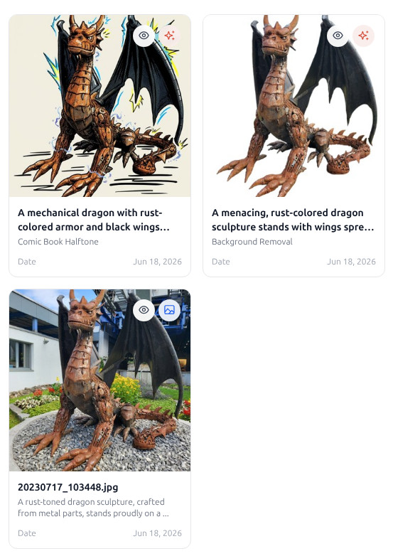 Sammlungsraster mit dem Comic-Halbtondrachen, dem Hintergrundentfernungsdrachen und dem ursprünglich hochgeladenen Drachenbild