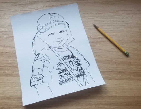 The photograph transformed into a printed FotoMedley coloring page