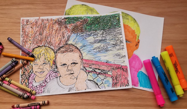 The same FotoMedley examples colored with crayons and markers
