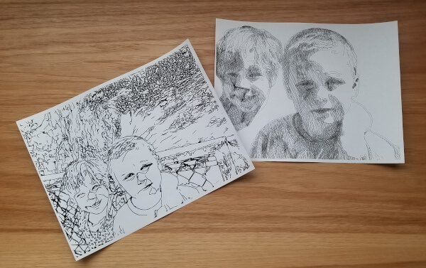 Two printed FotoMedley coloring examples with different levels of background detail