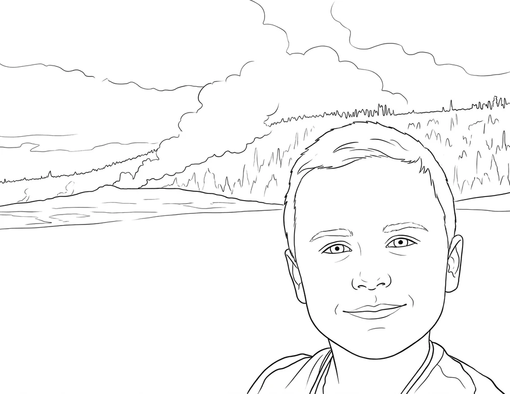 Current FotoMedley Coloring Book result showing the boy and geyser as clean line art