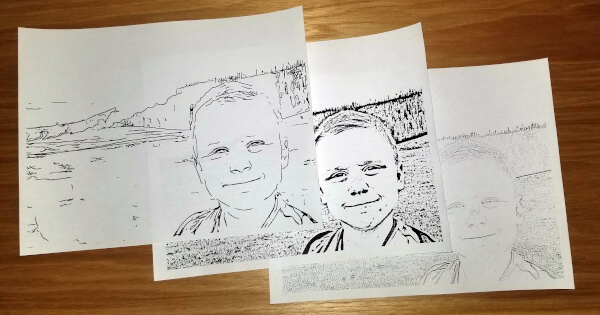 Three printed coloring-page conversions arranged together for comparison