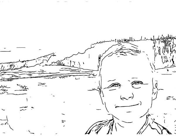 Earlier FotoMedley line drawing preserving the boy and much of the geyser landscape