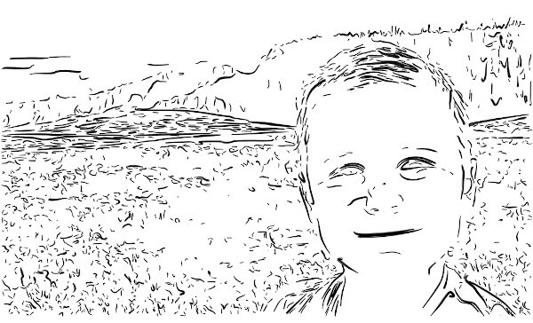 Loose marker-style line sketch of the boy and geyser landscape