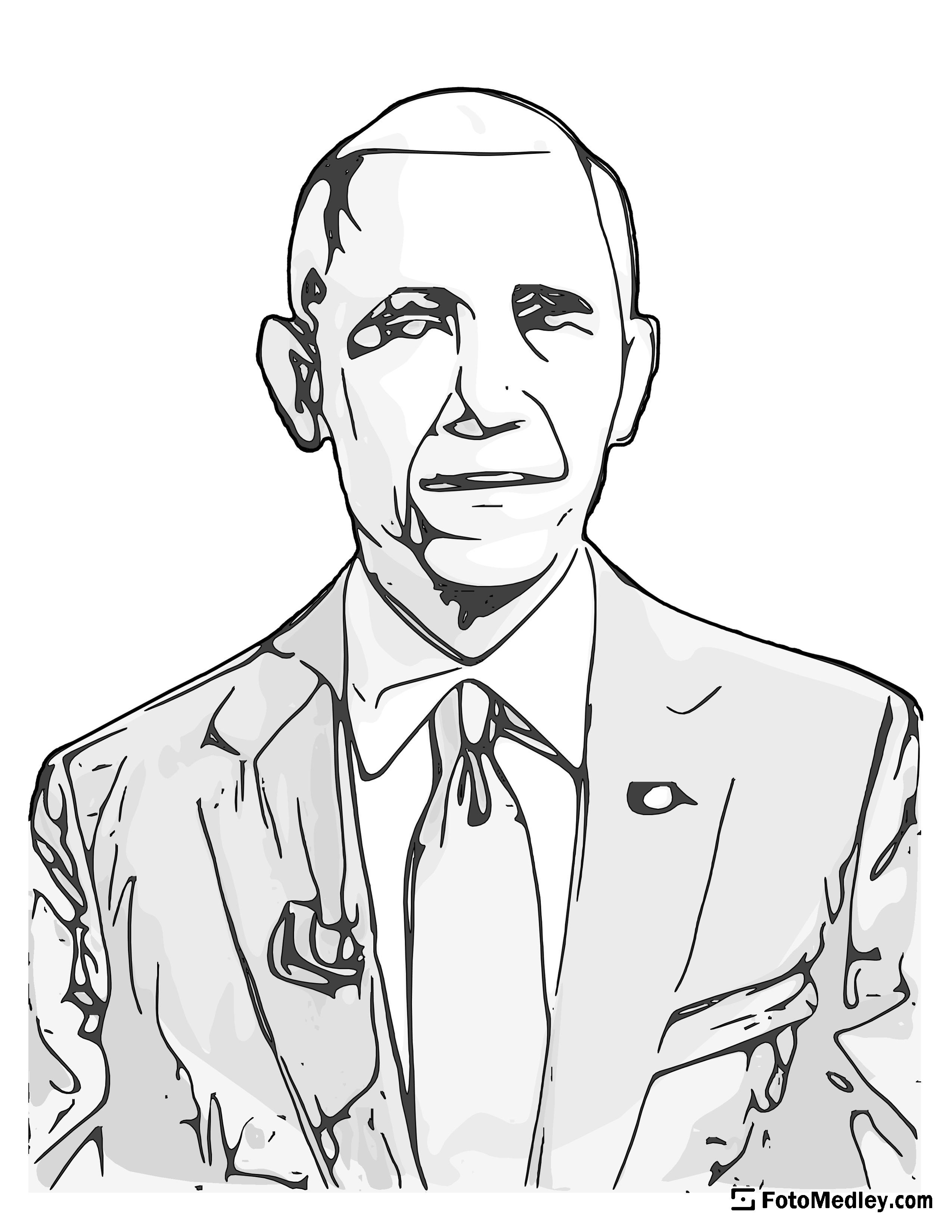 A cartoon style coloring sketch of Barack Obama, 44th President of the United States.