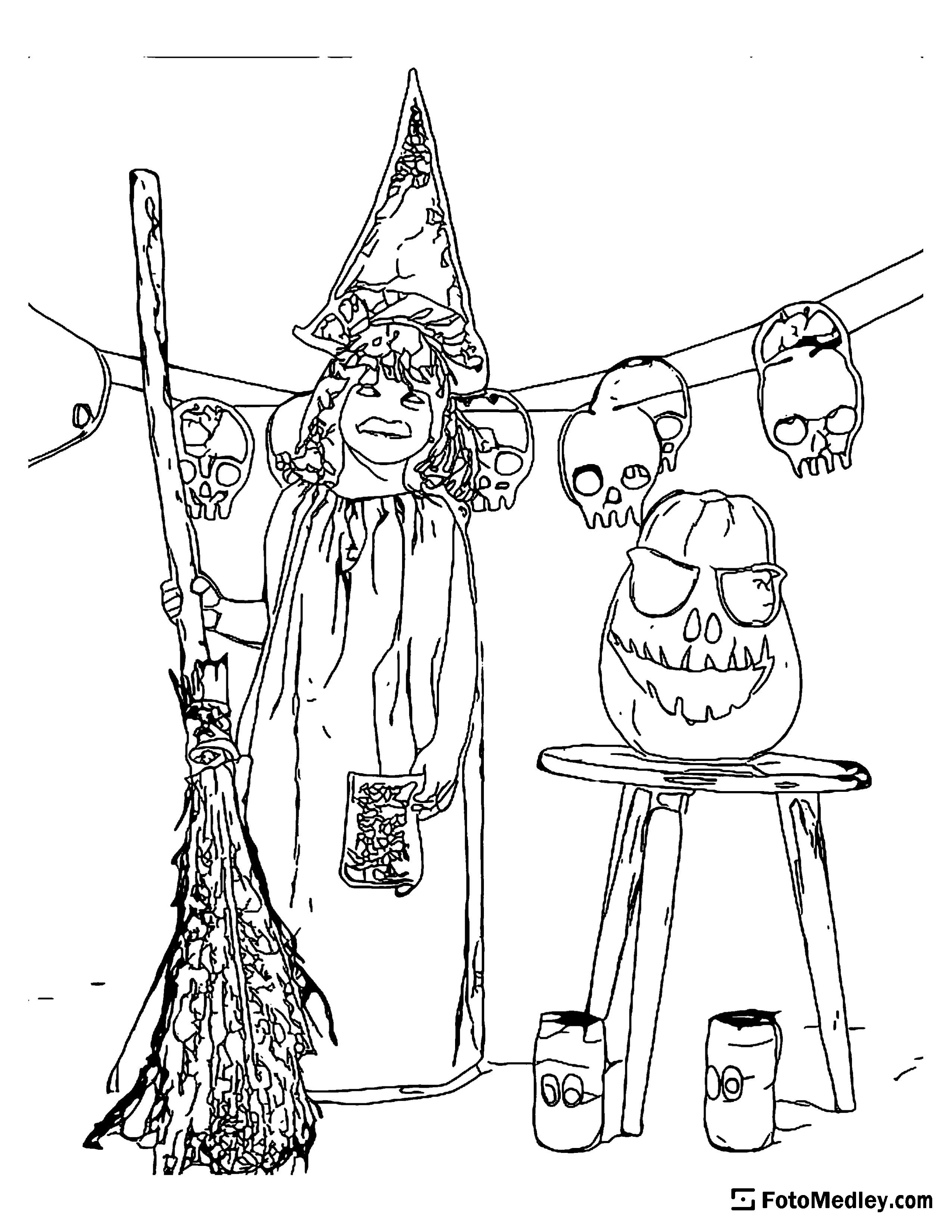 A coloring sheet of a girl dressed in a witch costume for Halloween, with broomstick and skulls around.
