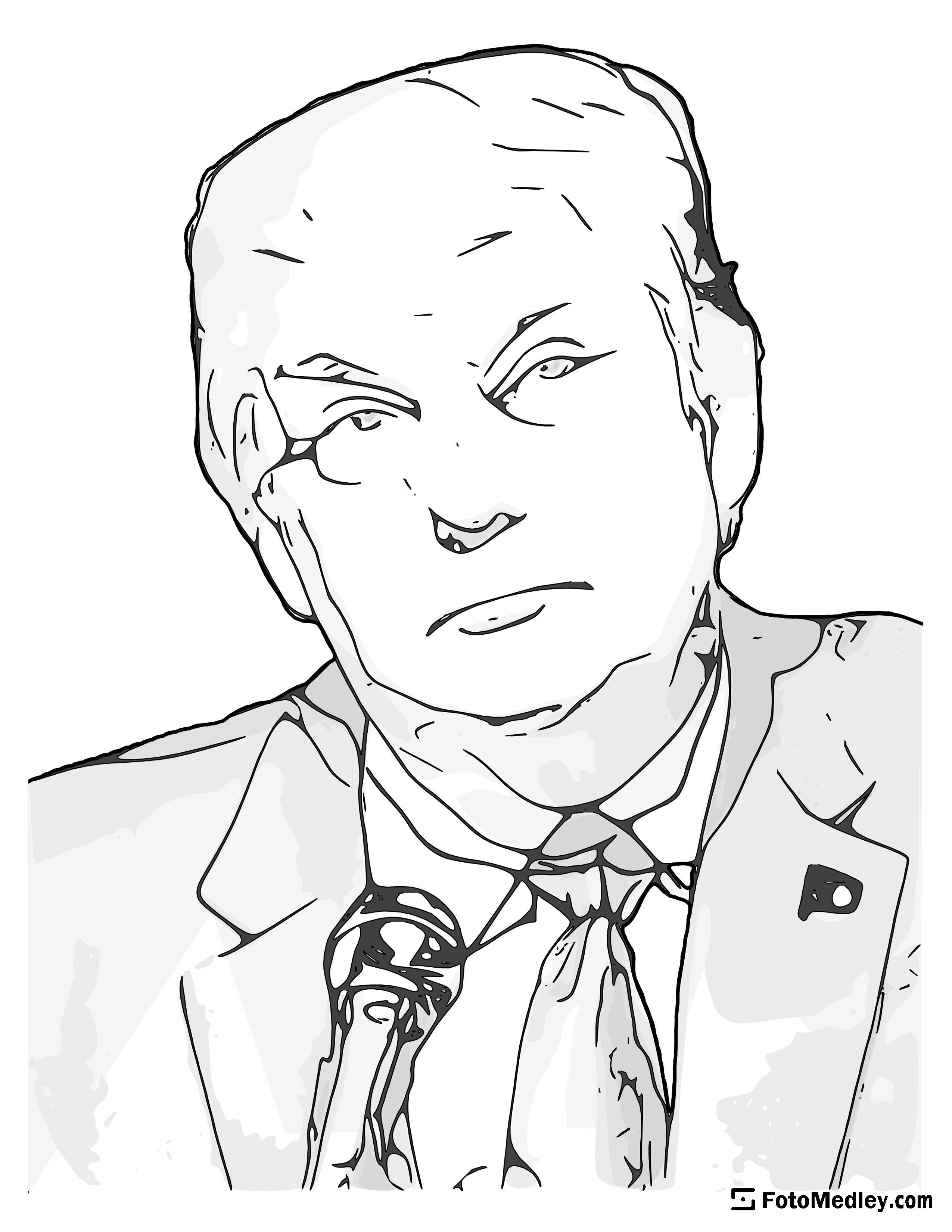 A cartoon style coloring sketch of Donald Trump, 45th President of the United States.