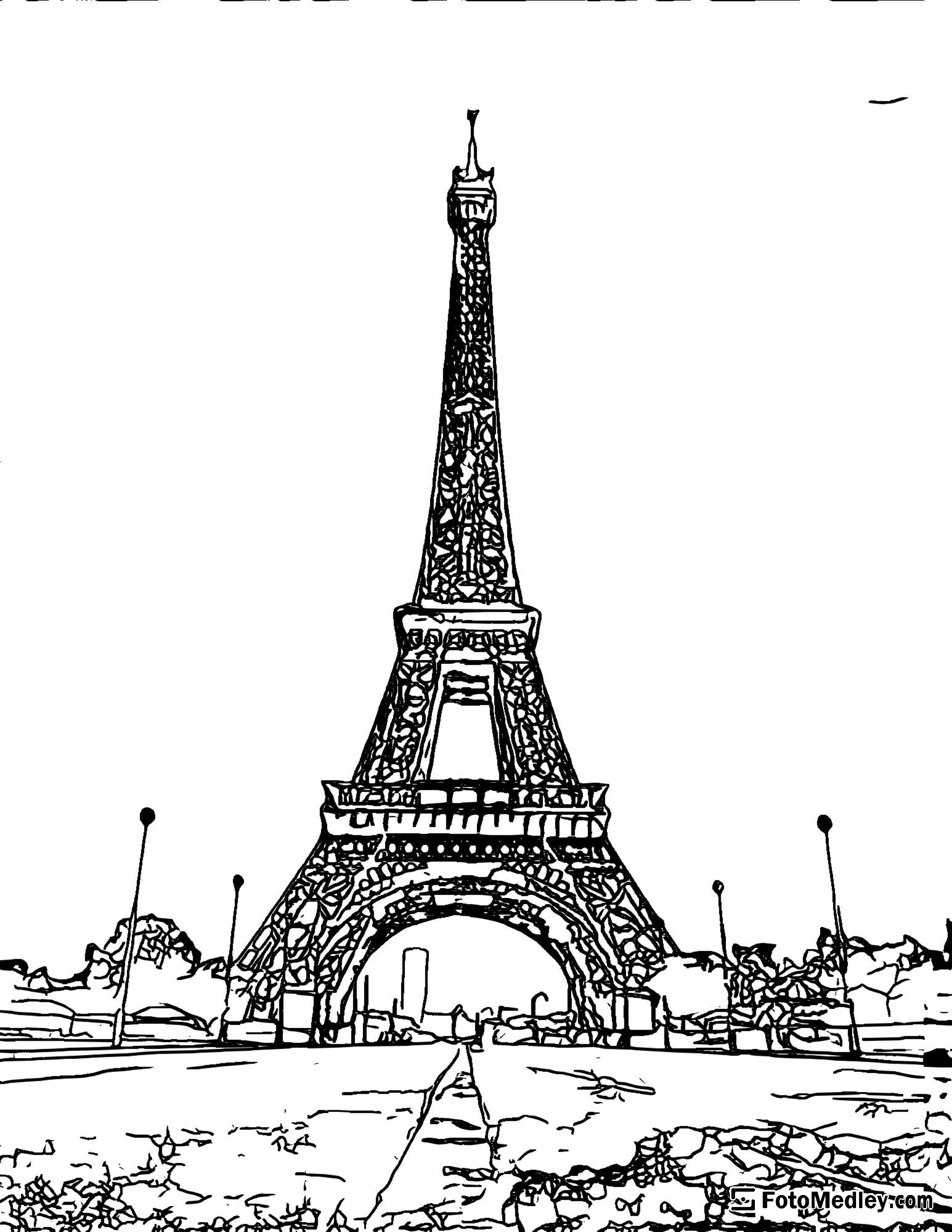 A coloring page of a view of the Eiffel Tower in Paris.