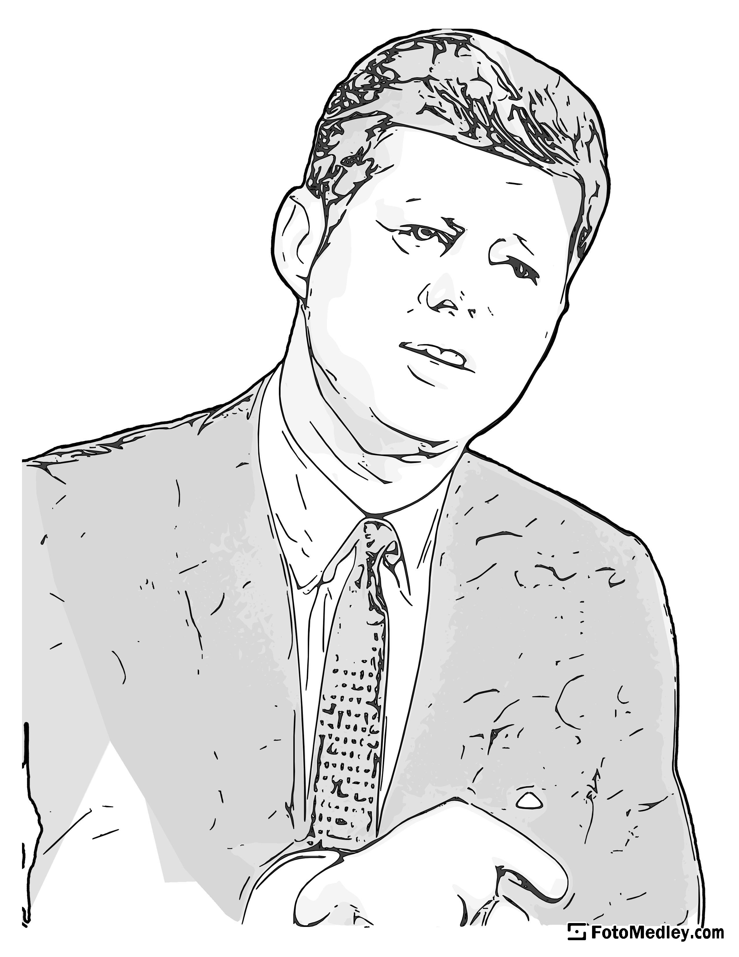 A cartoon style coloring sketch of John F. Kennedy, 35th President of the United States.