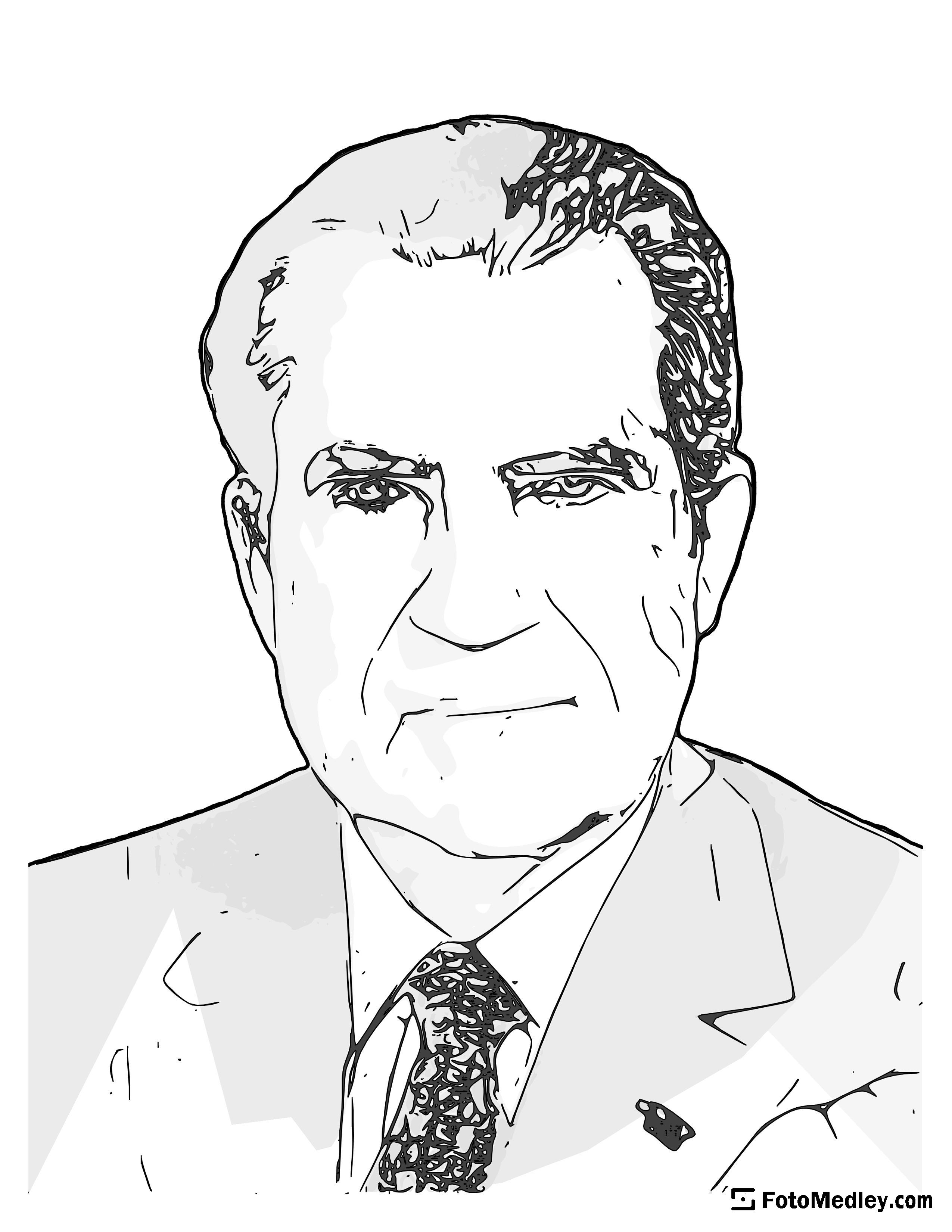 A cartoon style coloring sketch of Richard M. Nixon, 37th President of the United States.