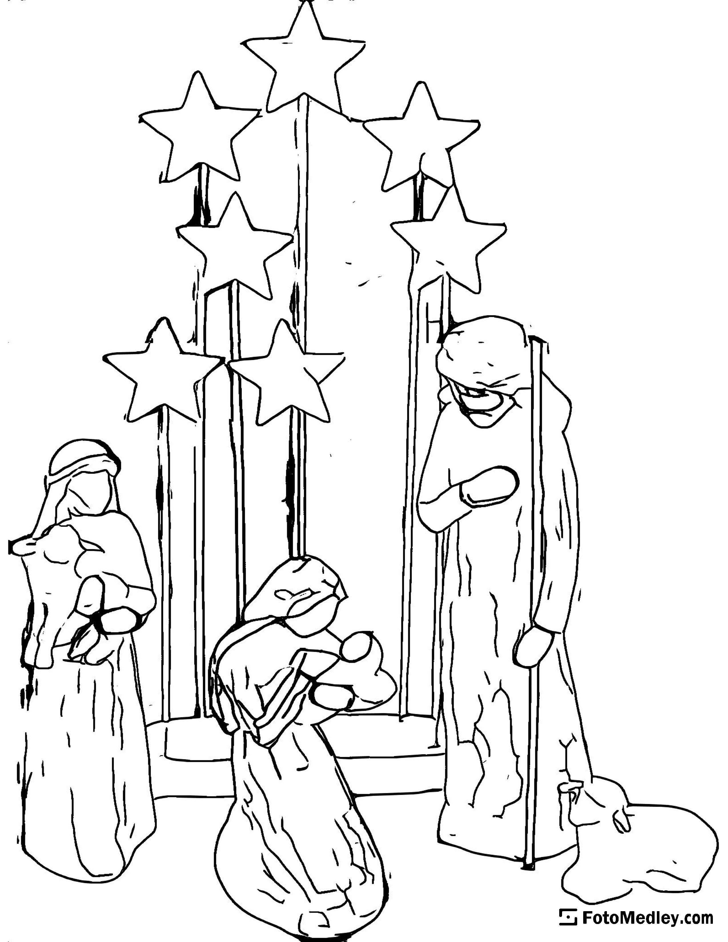 A simple coloring page depicting a Christmas nativity scene with stars, lambs, Mary holding Jesus, Joseph, and a shepherd.