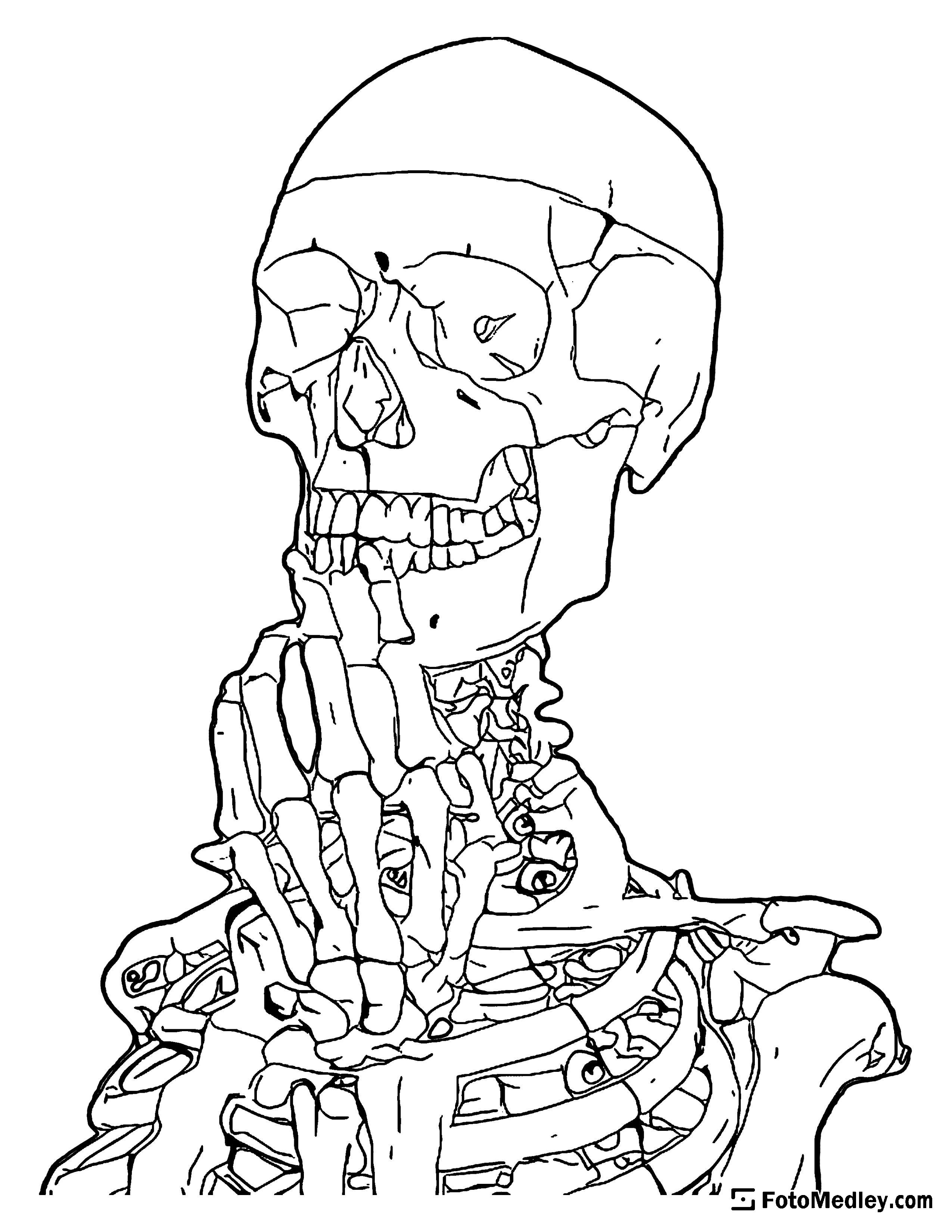A Halloween coloring sheet of a skeleton in a thoughtful pose.