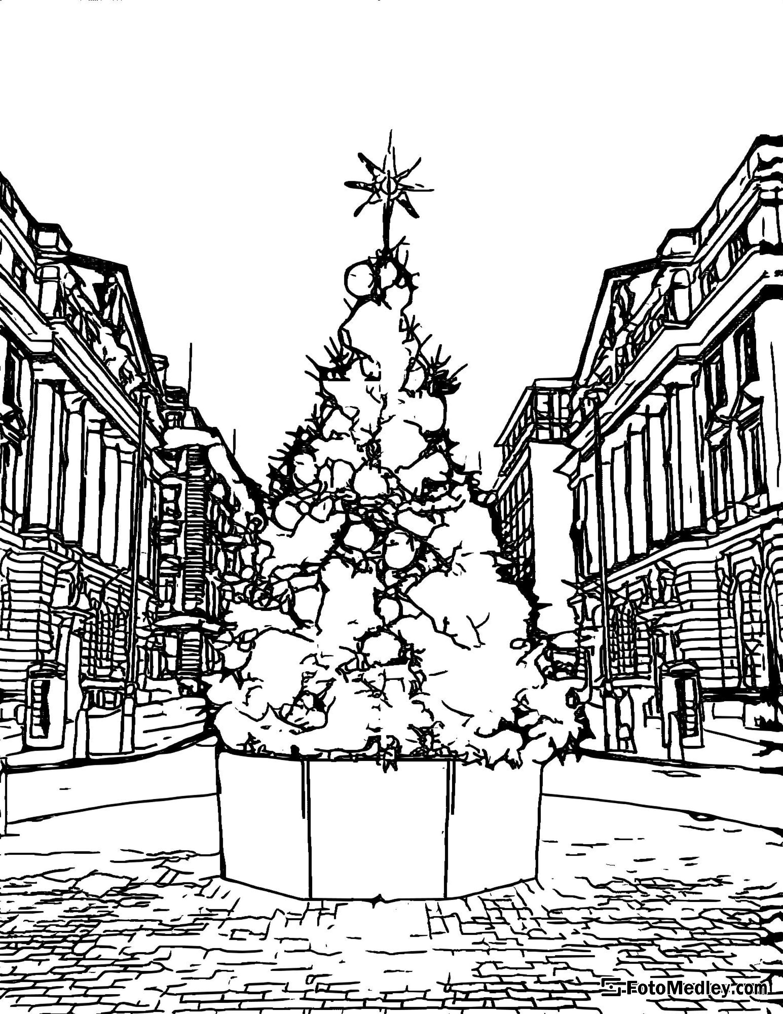 A coloring page of a Christmas tree at the center of a town square, with buildings in the background.